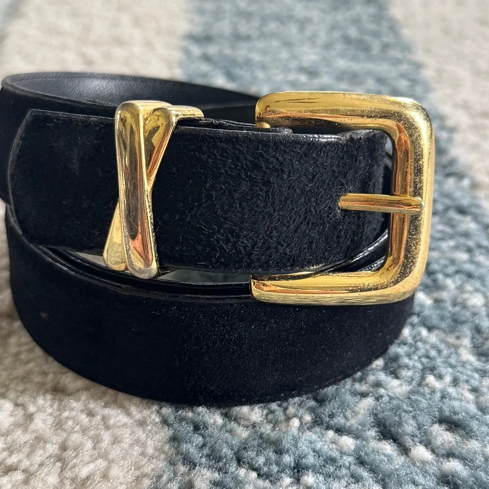Vintage Ashley Moore Black Suede Genuine Leather Belt Gold X Buckle Large